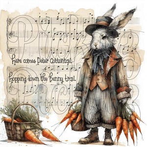 May include: A watercolor illustration of a rabbit dressed in a suit and hat, holding a basket of carrots. The background is a vintage sheet of music with the text "Here comes Peter Cottontail hopping down the bunny trail".