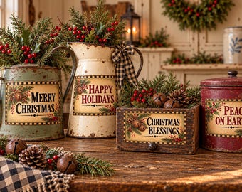 Christmas Sayings Bundle, 4 Styles, Primitive Farmhouse, Instant Download, Printable, Sublimation Decoupage Cans Labels