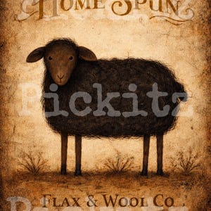 Könnte beinhalten: Vintage-Illustration eines schwarzen Schafs mit dem Text "Home Spun" und "Flax & Wool Co. Fleece Yarn Wool EST. 1926" auf sepiafarbenem Hintergrund. Das Schaf steht auf einer grasbewachsenen Fläche.