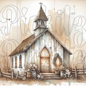 Old White Church Bundle, 3 Styles, Primitive Farmhouse, Instant Download, Printable 8x8, Sublimation Decoupage Cans Labels