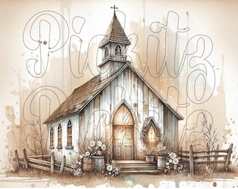 White Church Watercolor Print, Farmhouse Style (Digital Download)