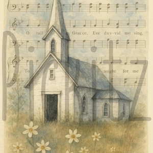 K&ouml;nnte beinhalten: Ein Aquarellbild einer wei&szlig;en Kirche mit einem Kirchturm, umgeben von Wildblumen. Die Kirche ist vor dem Hintergrund einer Notenblatt mit dem Text des Kirchenliedes "Amazing Grace" dargestellt.