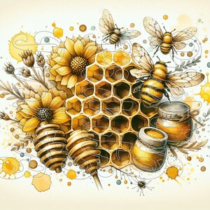 May include: A watercolor illustration of a honeycomb with bees, flowers, and honey jars. The honeycomb is surrounded by yellow and blue watercolor splatters.