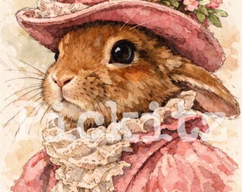 Top Hat Bunny Rabbit Watercolor Print, Farmhouse Style (8x8 Inch) (Digital Download)