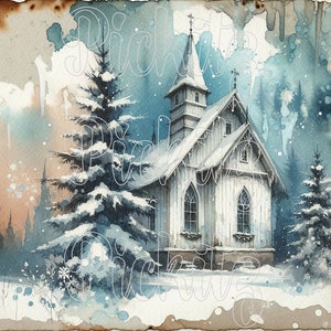 Old Church Winter Scene, Farmhouse, Instant Download, Printable, Sublimation Decoupage Cans Labels
