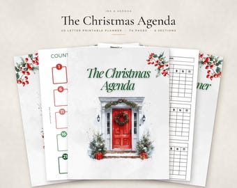 May include: A printable planner titled The Christmas Agenda with 74 pages and 6 sections. The cover features a watercolour illustration of a red front door with a wreath, flanked by snow-covered evergreen trees, holly berries, and festive decor.