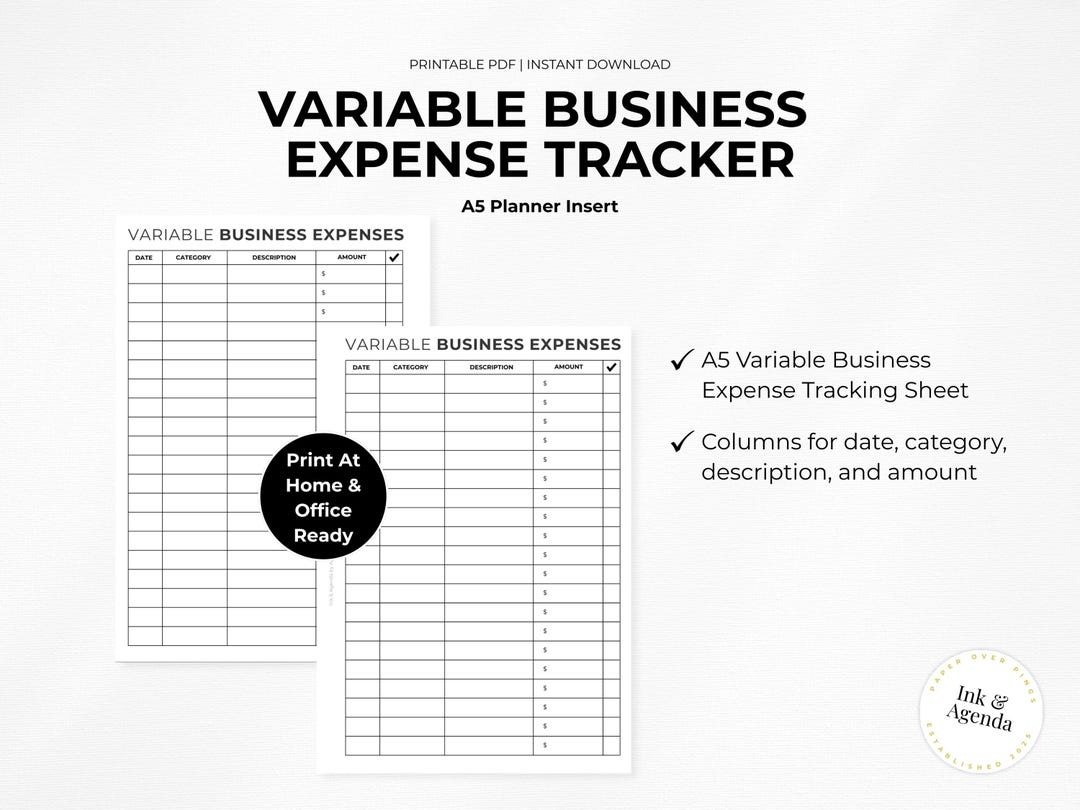 A5 Variable Business Expenses Tracker | Printable Insert for Small ...