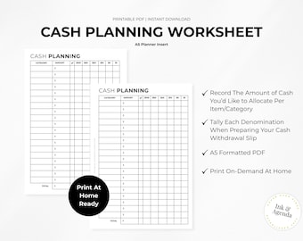 Cash Planning Worksheet | A5 Budget Breakdown by Denominations (Printable PDF)