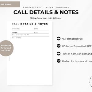 Insertion pour agenda : Détails des appels et notes | Registre des clients professionnels (A5, format Lettre US)