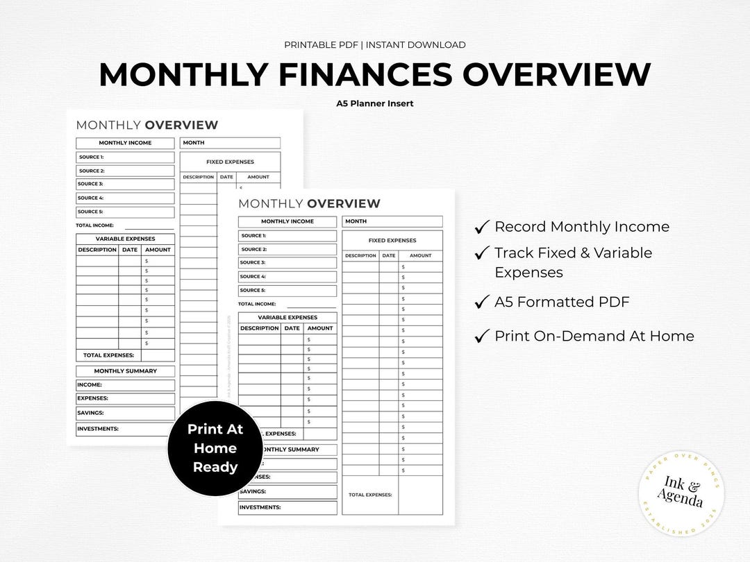 Monthly Overview | Printable PDF | Budget & Income Tracker | Ink and ...