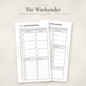 Op de afbeelding: Een printbare planner-inzet voor ringbanden genaamd The Weekender. De lay-out bevat secties voor zaterdag en zondag, schema's voor ochtend, middag en avond, een takenlijst, maaltijdbereiding en een sectie voor de komende week van maandag tot vrijdag.