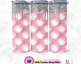 May include: Three silver glitter tumbler wraps with a pink tufted design and silver rhinestones. The wraps have a dripping glitter effect.  FREE Tumbler Wrap PNG's.