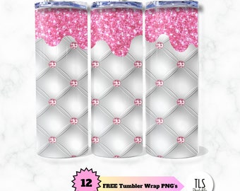 May include: Three stainless steel tumblers with a pink glitter top and a white quilted pattern. Each tumbler has a pink gem at the center of each quilted diamond. The tumblers have a blue lid and a straw. The image also includes text that says "12 FREE Tumbler Wrap PNG's".
