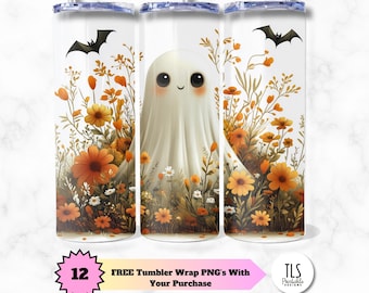 Autumn Ghost Tumbler Wrap: Fall Foliage, Pumpkin Design (Digital Download)
