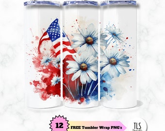 Patriotic Red White Blue Floral Daisies 20 Oz Sublimation Tumbler Design #3, 9.3” x 8.2” Straight Skinny Tumbler Wrap PNG, DIGITAL FILE