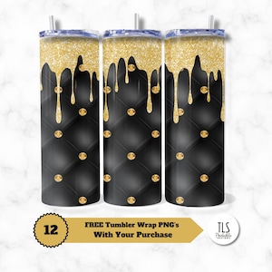 Tumbler con strass glitterati neri e oro da 20 once, design per sublimazione, 9,2x8,3, tumbler dritto e sottile, PNG, download digitale istantaneo