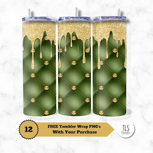 Vaso de sublimación de 20 oz con diseño de diamantes de imitación con mechones verdes y dorados, recto y delgado, envoltura PNG, DESCARGA DIGITAL INSTANTÁNEA