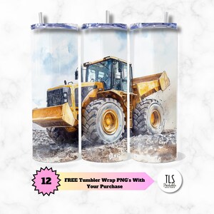 May include: A set of three sublimation tumbler wraps featuring a yellow and black construction vehicle with a blue sky and white clouds in the background. The text "FREE Tumbler Wrap PNG's With Your Purchase" is at the bottom of the image.