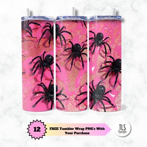 Griezelige zwarte spinnen neon roze glitter mager 20oz rechte beker sublimatie ontwerp Halloween eng griezelig PNG Instant Digitale Download