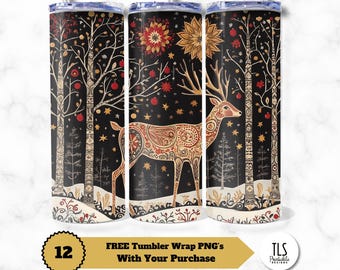 Folk Art Deer Tumbler Wrap: Scandinavian Winter Design (Digital Download)