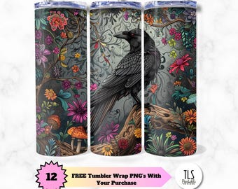 Gothic Raven Tumbler Wrap: Floral Goblincore Design (Digital File)