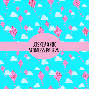 May include: A seamless pattern featuring pink kites with red polka dots flying against a blue sky with white clouds. The text "Lets fly a kite seamless pattern" is written in black on a pink oval.