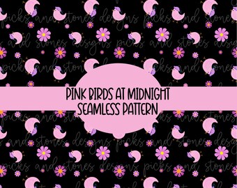Pink Birds on a Black background Seamless Pattern |Pink Birds Surface Pattern| Whimsical Birds Pattern