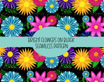 Seamless Pattern | Bright Flowers on Black| Joyful Flowers Fabric| Seamless Flower Pattern| Custom Fabric prints