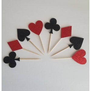 Casino Spade, Club, Diamond and Heart Glitter Suit Cupcake Toppers| Food Picks (set of 12)