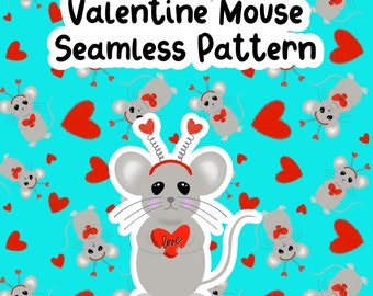 Hand drawn Valentine Mouse and Valentine Seamless pattern|Valentine Pattern Instant DownloadsHappy Valentines Day DIY