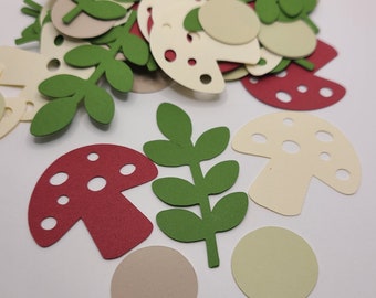 Mushroom Dots Leaves Confetti|Burgandy and Off-White Mushroom Table Throw| Woodland Party Confetti(100 pieces)