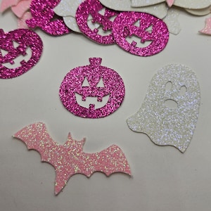 Pink Halloween Confetti|Pink  Pumpkin Table Throw| Glitter Halloween Ghosts| Halloween Bats (75 pieces)