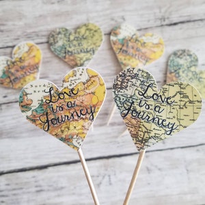 Liebe ist eine Reise Cupcake Toppers | Vintage Maps Food Picks | Hochzeit und Brautparty Dekor (18er Set)