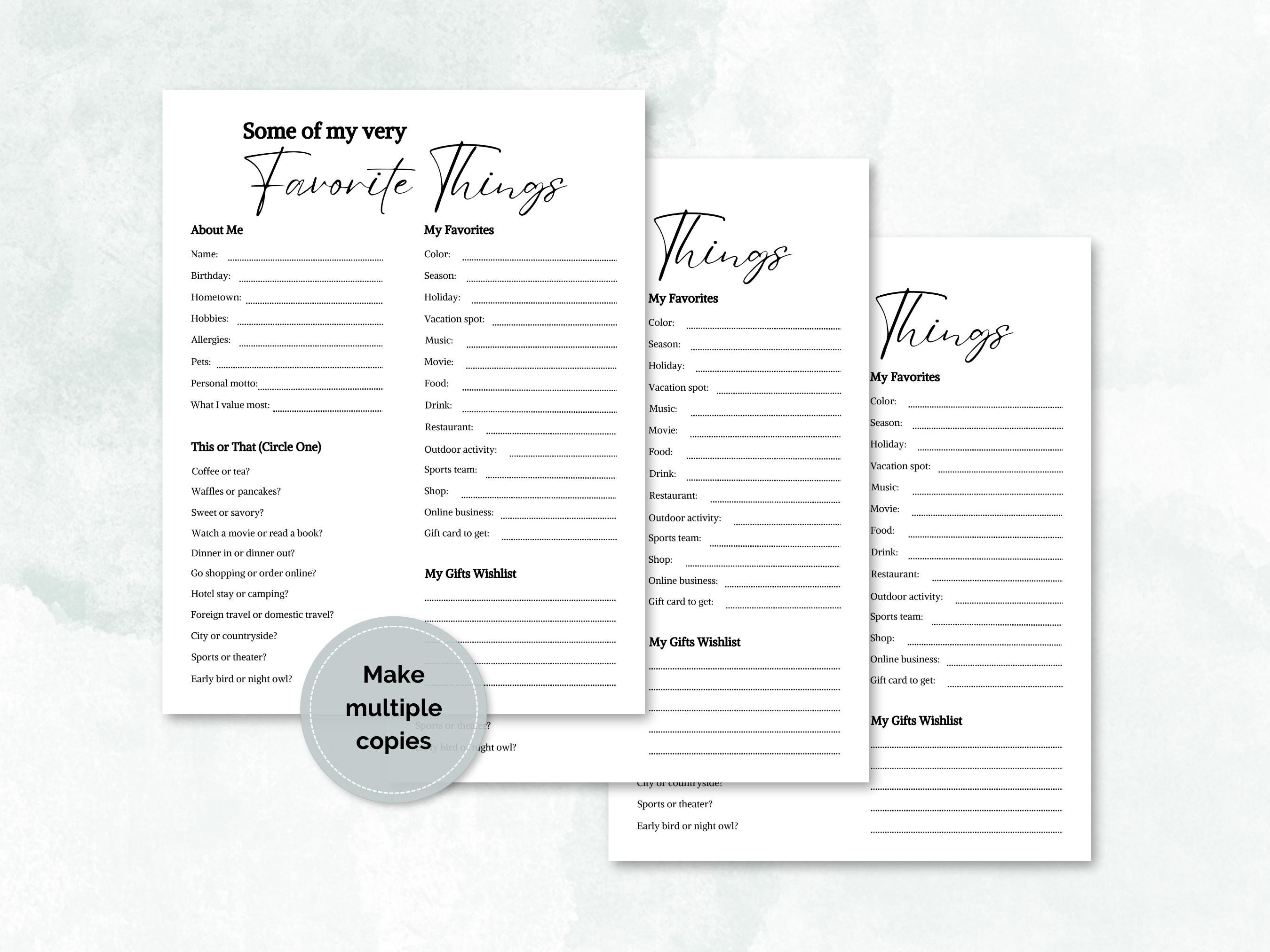 My Favorite Things List Survey Printable, All About Me Questionnaire ...