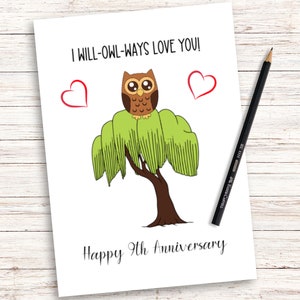 9周年記念カード、ウィロー記念カード、9周年結婚記念カード、9周年結婚記念日、印刷可能なカード、デジタルカード、ウィロー