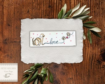 Puppy dog love with hearts Bookmark Original Watercolor Painting - Blue