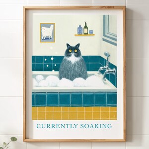 Funny Cat Bathroom Wall Art – Currently Soaking Black Cat Print, Cute Bathtub Cat Poster, Whimsical Bathroom Decor