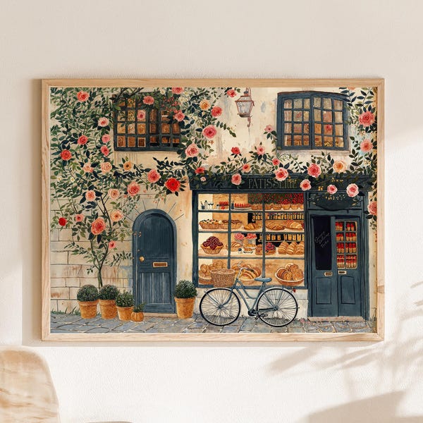 French Patisserie Art Print – Bakery Illustration, Horizontal Cafe Wall Art, Whimsical Kitchen Print, Vintage Bakery Decor, French Pastry