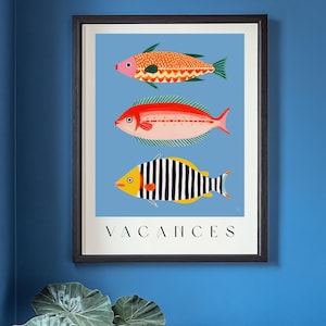Impresión artística de peces costeros franceses, póster de vacaciones en el Mediterráneo, decoración náutica de pared de playa, ilustración de vida marina de verano, arte oceánico colorido