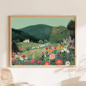 Arte digital de gansos e prado – Arte de parede com flores silvestres em estilo cottagecore, pôster de paisagem de prado na primavera