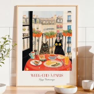 Weekend in Paris Cats Art Print – French Cafe Wall Art, Whimsical Watercolor Illustration, Cat Lover Gift, Cozy Kitchen Decor