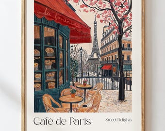 Paris Cafe Digital Art Print, French Pastries Watercolor Illustration, Bakery Wall Decor, Vintage French Kitchen Art, Food Fine Art Poster