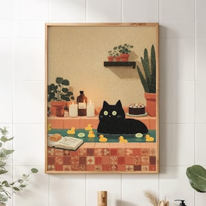 Funny Cat Bathroom Print – Black Cat Bath Art, Cute Bathroom Wall Art, Cat Lover Gift, Whimsical Bathroom Decor
