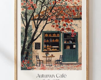 Impressão de arte digital da padaria Fall Cafe, ilustração de comida em aquarela parisiense, decoração de parede vintage de abóbora francesa, presente de arte do Autumn City Cafe