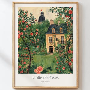French Rose Garden Watercolor Art Print, Parisian Floral Wall Decor, Botanical Cafe Art, Cottagecore Kitchen Decor for Francophiles