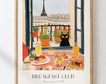 Parisian Cat Breakfast Art Print – Digital Download Cafe Decor, Vintage Paris Wall Art, Brunch Illustration, Kitchen Decor