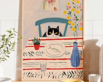 Skurrile Katzen Illustration, Verspielte Küchen Wand Kunst, Buntes Modernes Katzen Dekor