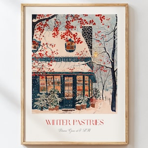 Winter Pastries French Bakery Art Print – Paris Cafe Christmas Wall Art, Cozy Kitchen Decor, Holiday Patisserie Illustration Poster