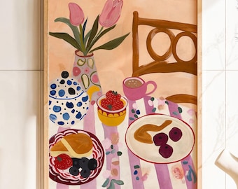 Frühstückstisch Kunstdruck - Küchen Wandkunst, Erdbeer Frühstück Poster, gemütliche Küchen Deko