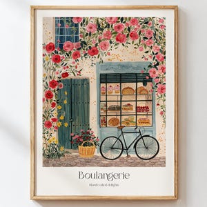 Gemütliche französische Boulangerie Küchen-Wand-Kunstdruck - Frühlings-romantische Bäckerei, französisches Café im Sommer, charmante Paris Aquarell-Wandkunst